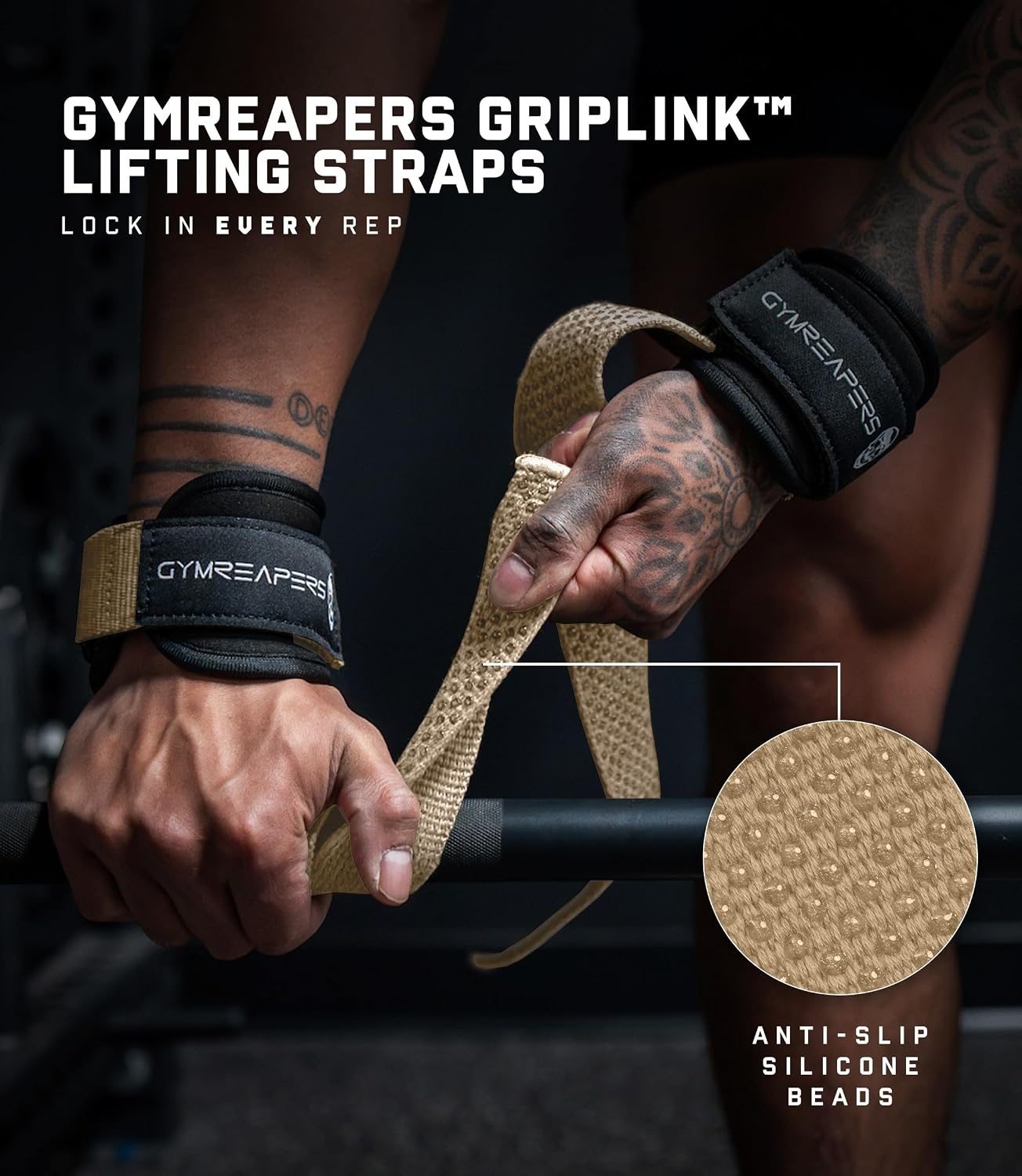 image:imageGymreapers GripLink Lifting Straps Heavy Duty DRing Weight Lifting Wrist Straps with AntiSlip Silicone Grip Beads Adjustable Support for Deadlifts Powerlifting Cable Machines amp Gym TrainingDesert Sand