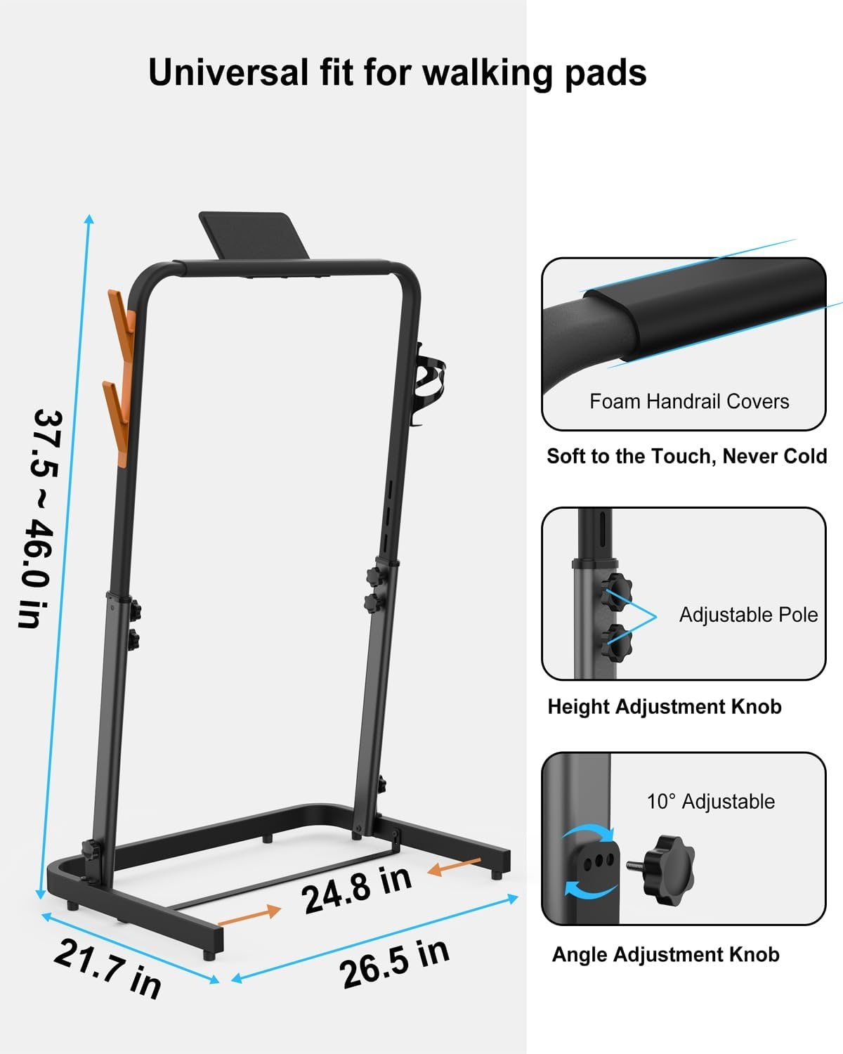 image:imageWalking Pad Handle Bar Only Adjustable amp Foldable Treadmill Handrail with Phone Holder Cup Holder amp Towel Hooks 224 Wide Max Height 433 Sturdy amp Easy Assembly Walking Pad AccessoriesBlack