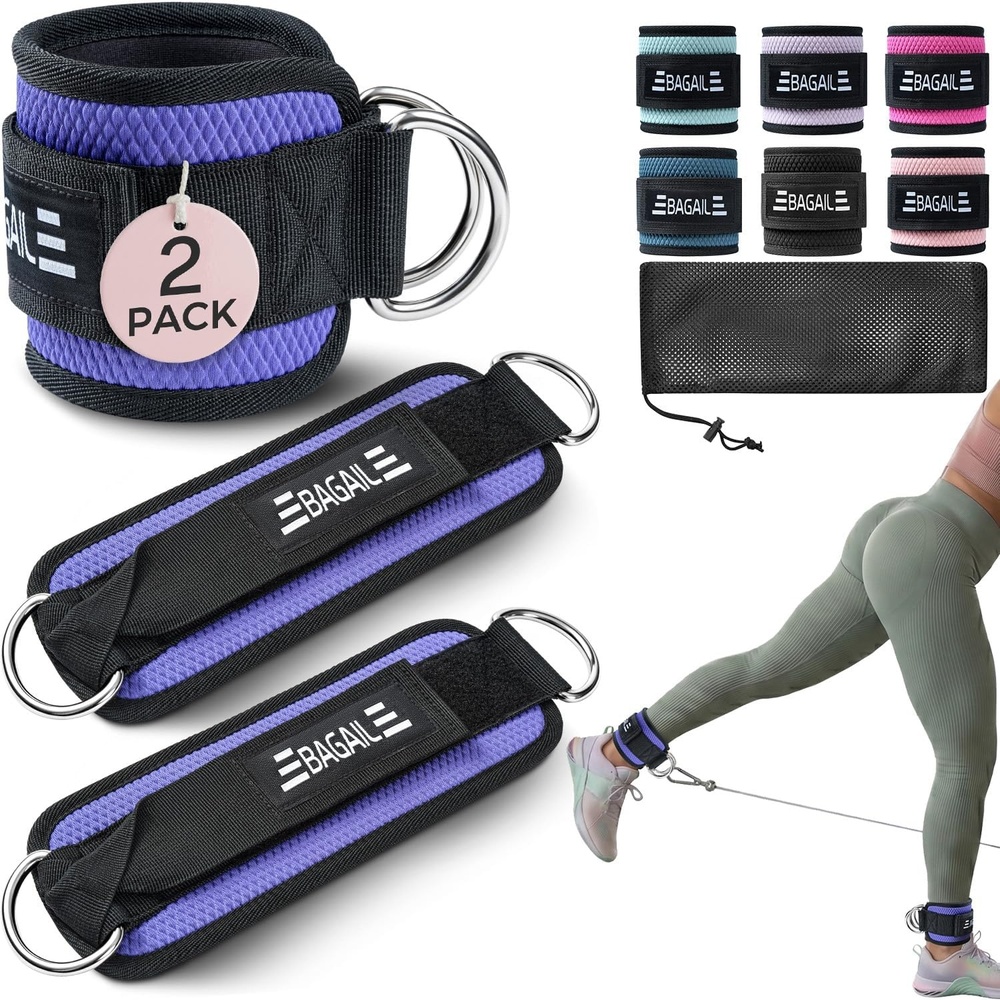image:imageBAGAIL Ankle Straps for Cable Machines 2 Pack Double DRing Ankle Cuffs with Extra Thick Padding Adjustable Fit for Women amp Men Glute Kickbacks Hip Abductors amp Leg Curls Includes Mesh BagPurple