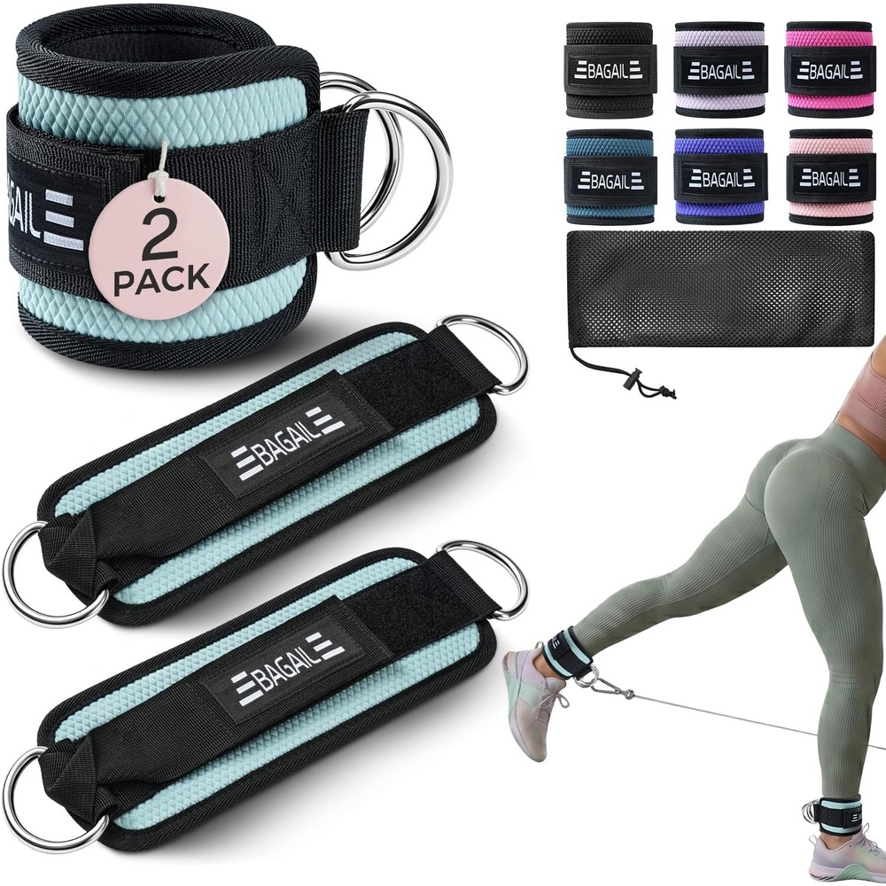 image:imageBAGAIL Ankle Straps for Cable Machines 2 Pack Double DRing Ankle Cuffs with Extra Thick Padding Adjustable Fit for Women amp Men Glute Kickbacks Hip Abductors amp Leg Curls Includes Mesh BagLight Blue