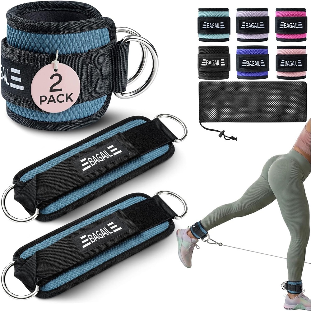 image:imageBAGAIL Ankle Straps for Cable Machines 2 Pack Double DRing Ankle Cuffs with Extra Thick Padding Adjustable Fit for Women amp Men Glute Kickbacks Hip Abductors amp Leg Curls Includes Mesh BagBlue