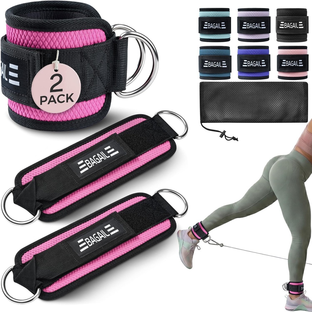 image:imageBAGAIL Ankle Straps for Cable Machines 2 Pack Double DRing Ankle Cuffs with Extra Thick Padding Adjustable Fit for Women amp Men Glute Kickbacks Hip Abductors amp Leg Curls Includes Mesh BagPink