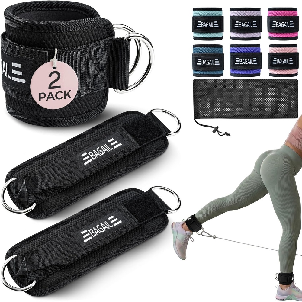 image:imageBAGAIL Ankle Straps for Cable Machines 2 Pack Double DRing Ankle Cuffs with Extra Thick Padding Adjustable Fit for Women amp Men Glute Kickbacks Hip Abductors amp Leg Curls Includes Mesh BagBlack