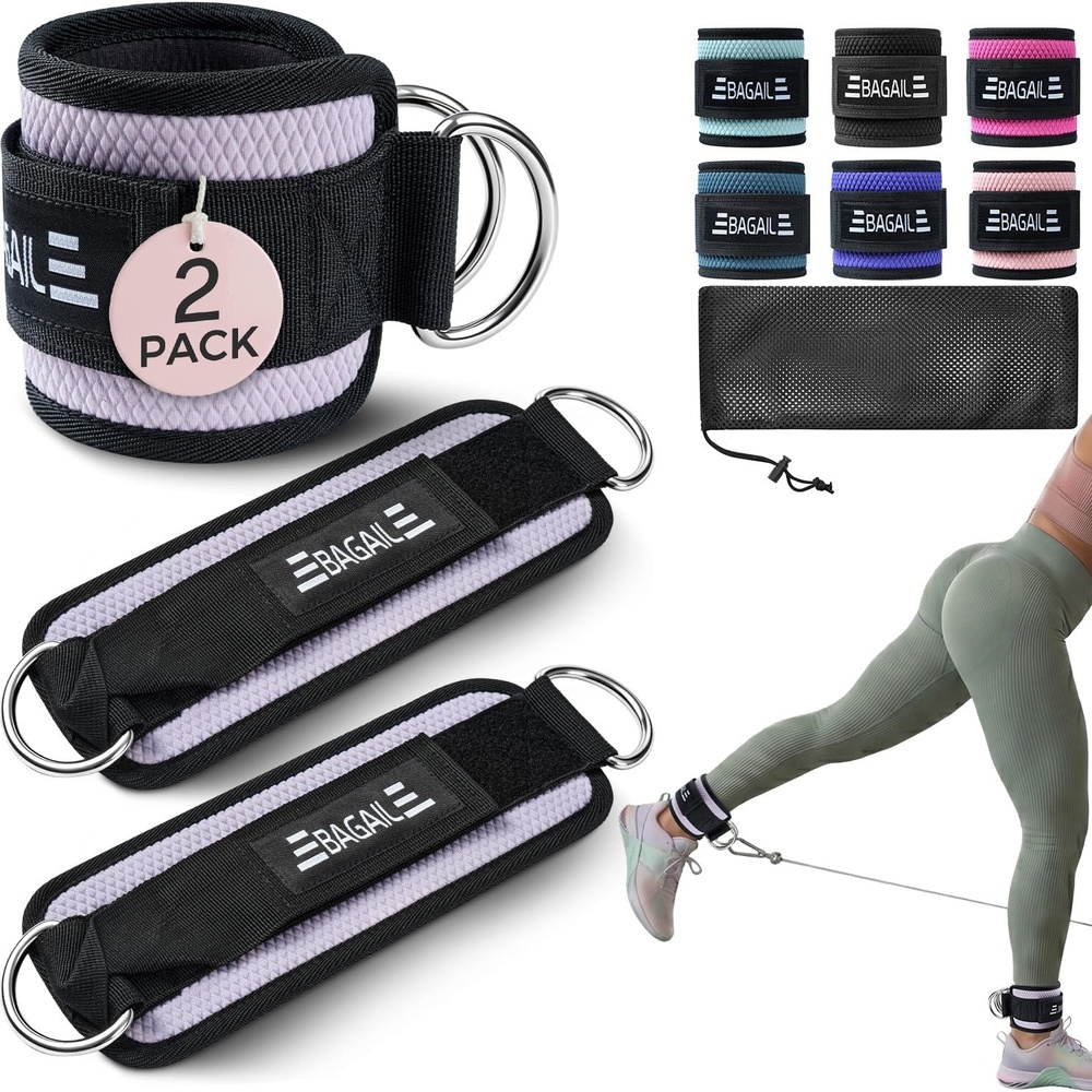 image:imageBAGAIL Ankle Straps for Cable Machines 2 Pack Double DRing Ankle Cuffs with Extra Thick Padding Adjustable Fit for Women amp Men Glute Kickbacks Hip Abductors amp Leg Curls Includes Mesh BagLilac