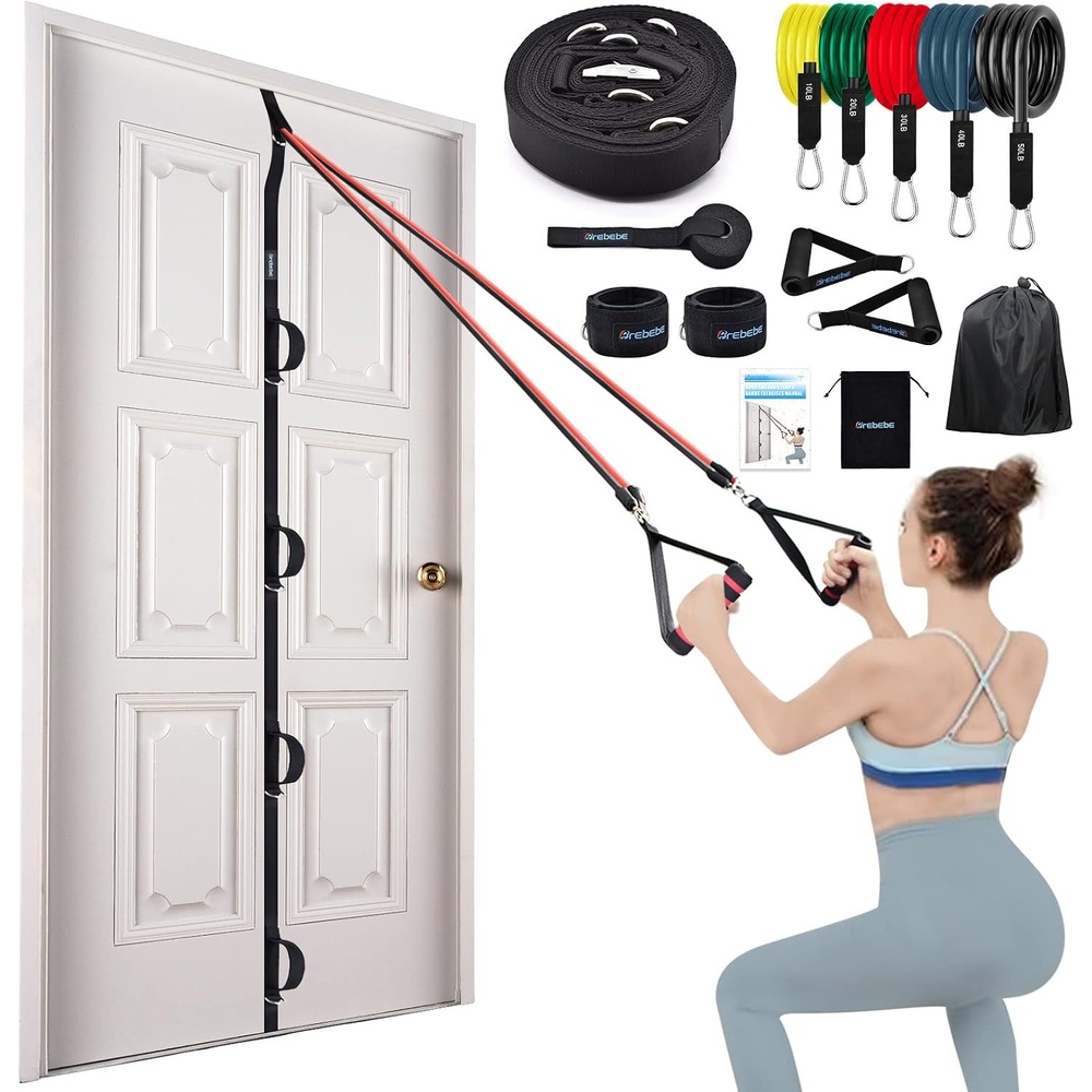 image:imageBrebebe Door Anchor Strap for Resistance Bands Exercises Multi Point Anchor Gym Attachment for Home Fitness Portable Door Band Resistance Workout Equipment Easy to Install PunchFree NailFree14 pc set Anchor  150 LBS Bands Set