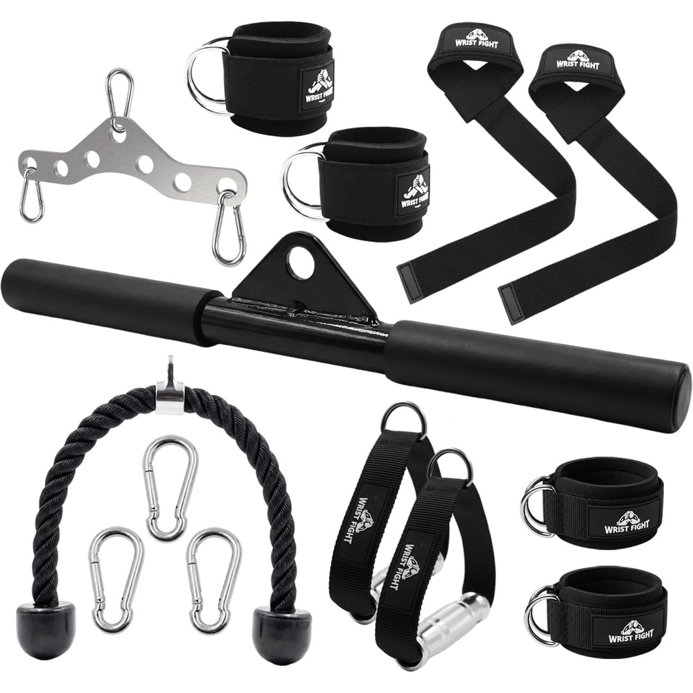 image:imageCable Machine LAT Pulldown Attachment Kit Aluminum Gym Handles Straight Bar Tricep Rope Wrist amp Ankle Straps with Connector Plate for Home Gym amp Pulley Systems