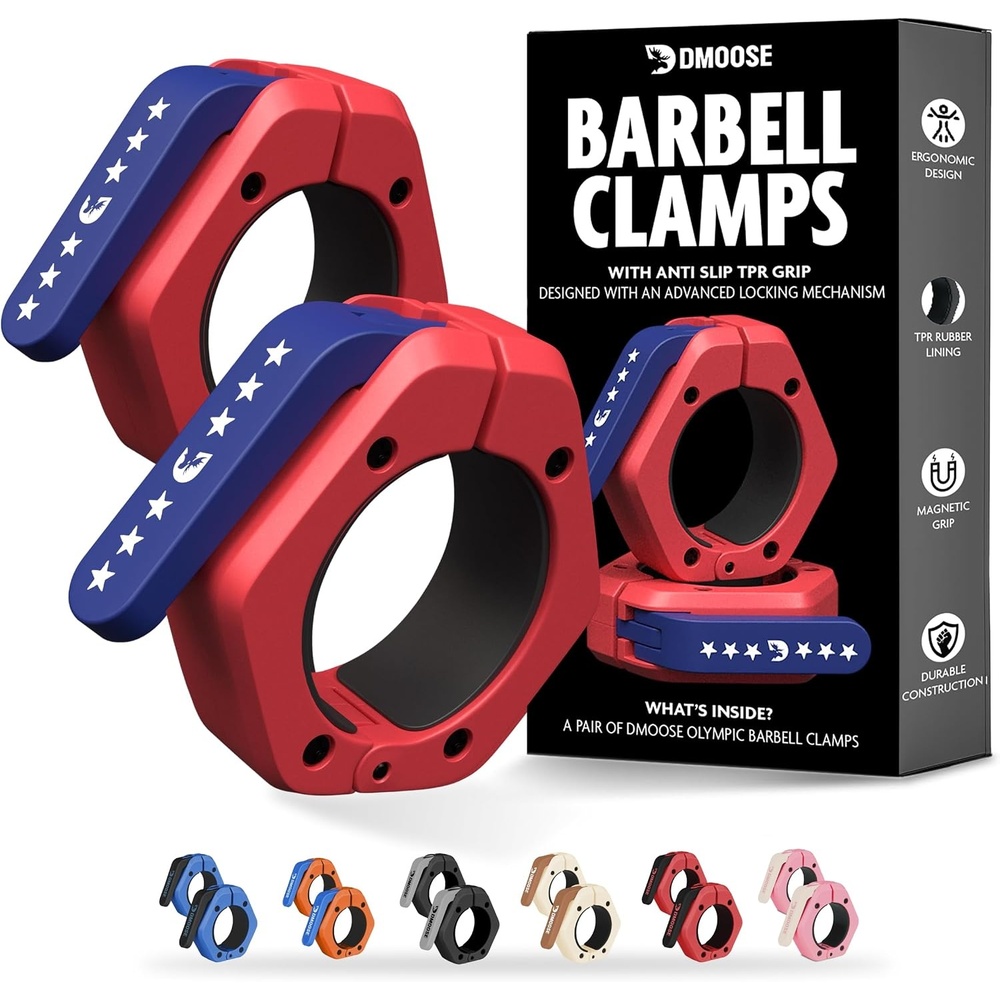 image:imageDMoose Fitness Barbell Clips 2 Inch Pair Quick Release Olympic Barbell Clamps amp Collars with Anti Slip TPR Grip for Secure Weightlifting and Powerlifting Weight Clips for Bars at Home or GymAmerican