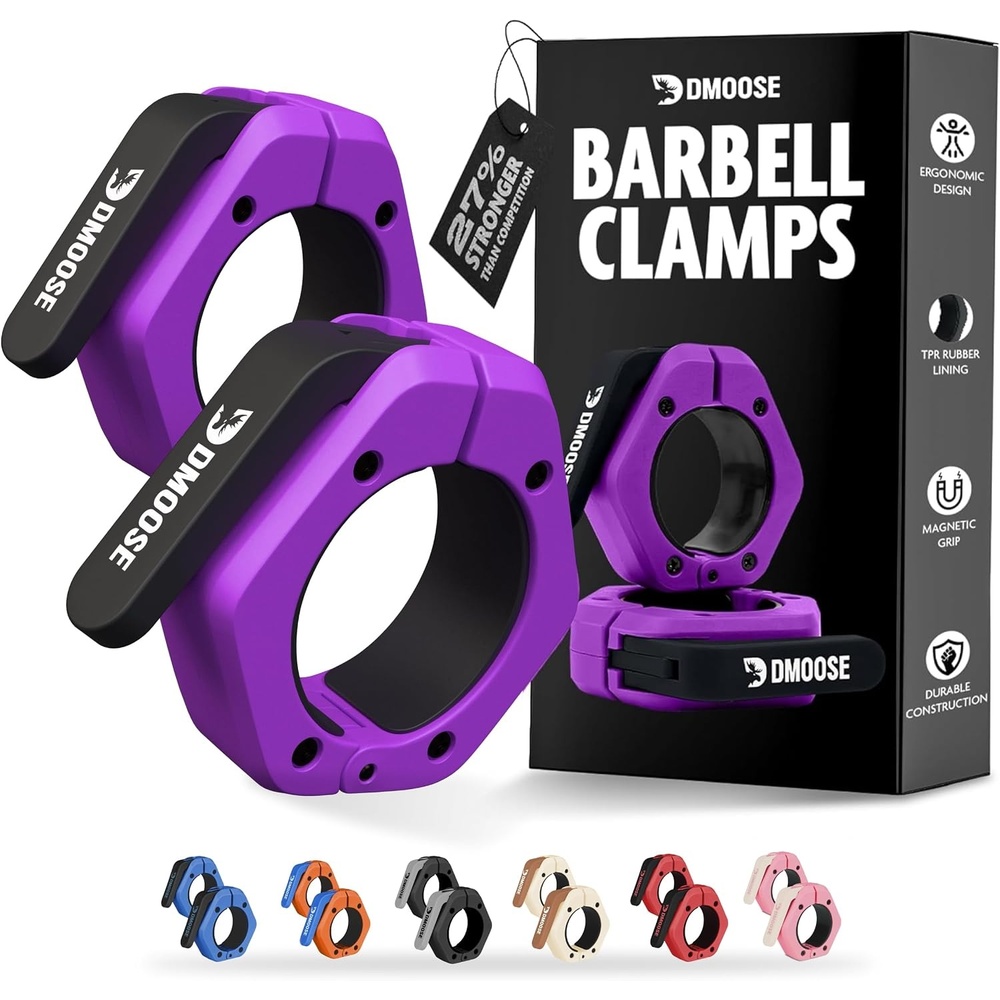 image:imageDMoose Fitness Barbell Clips 2 Inch Pair  Quick Release Olympic Barbell Clamps amp Collars with Anti Slip TPR Grip for Secure Weightlifting and Powerlifting  Weight Clips for Bars at Home or GymPurple
