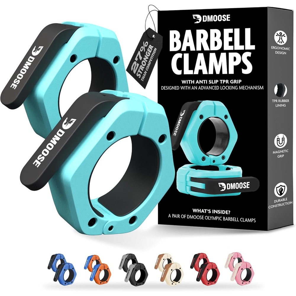 image:imageDMoose Fitness Barbell Clips 2 Inch Pair  Quick Release Olympic Barbell Clamps amp Collars with Anti Slip TPR Grip for Secure Weightlifting and Powerlifting  Weight Clips for Bars at Home or GymCyan