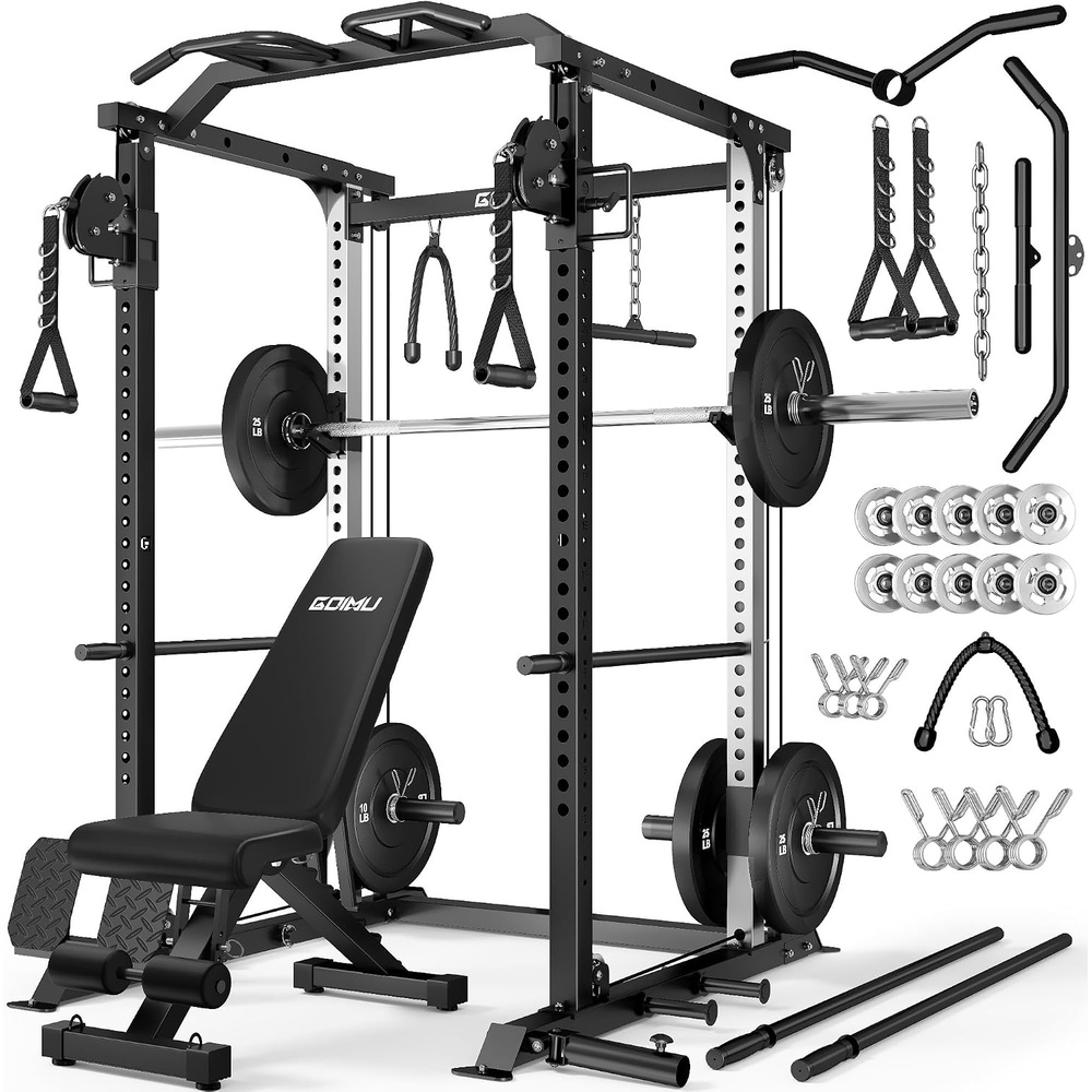 image:imageDP01 Power Cage 2000LBS Squat Rack with Cable Crossover and Dual Independent Pulley System Full Cage for Full Body Training Power Rack with More Training Attachments for Home GymBlackProAluminum Pulleys