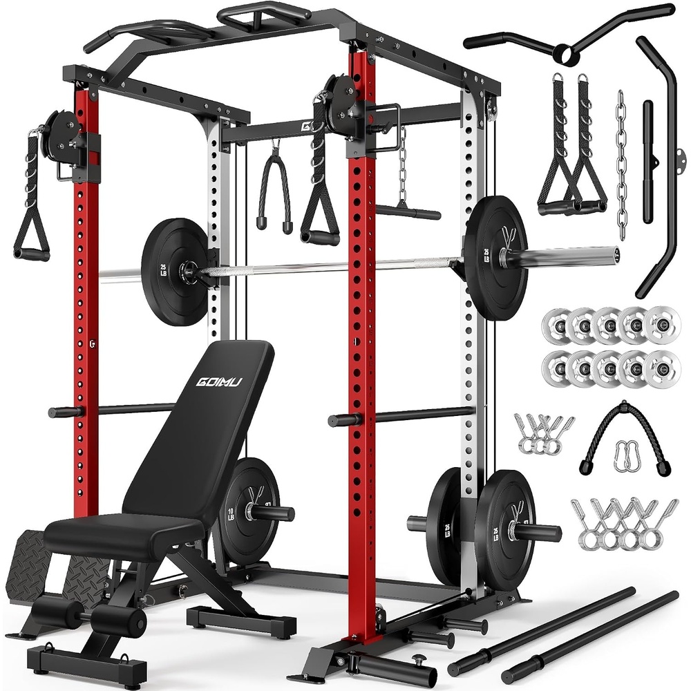 image:imageDP01 Power Cage 2000LBS Squat Rack with Cable Crossover and Dual Independent Pulley System Full Cage for Full Body Training Power Rack with More Training Attachments for Home GymRedProAluminum Pulleys