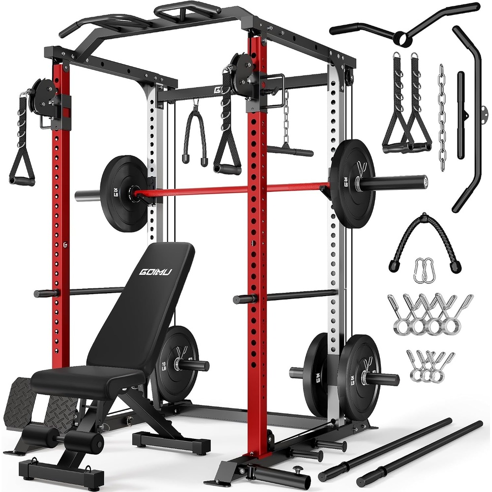 image:imageDP01 Power Cage 2000LBS Squat Rack with Cable Crossover and Dual Independent Pulley System Full Cage for Full Body Training Power Rack with More Training Attachments for Home GymRed