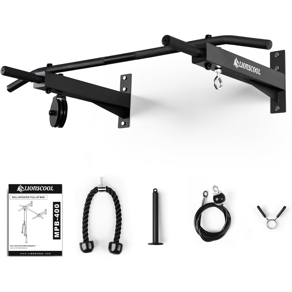image:imageLIONSCOOL Multifunctional Wall Mounted Pull Up Bar with Pulley System 48 and 1624 MultiGrip Chin Up Bar Cable Pulley Attachments Included Perfect for Upper Body Workouts1624 APART