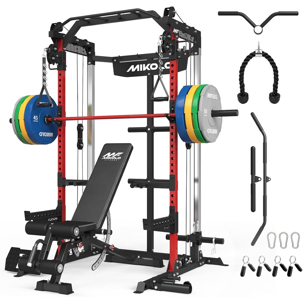 image:imageMikolo Power Cage 2000LB Power Rack with Independent Dual Pulley System MultiFunction Home Gym Workout Machine for Cable Crossover and SquatRed