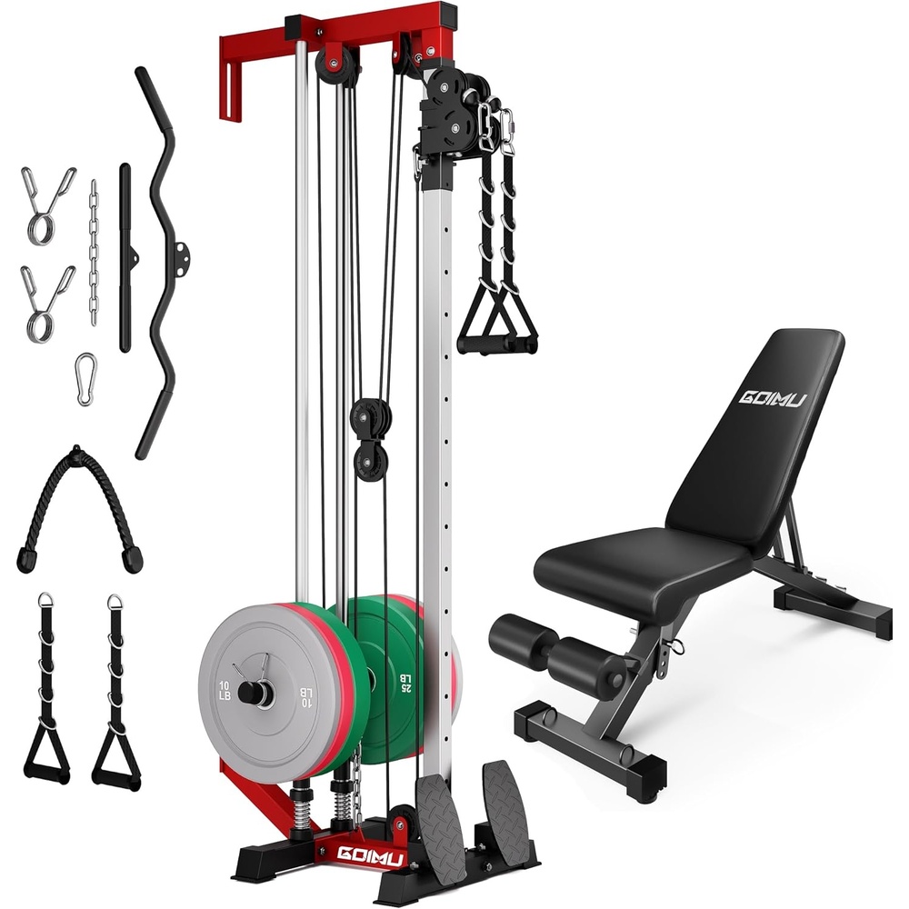 image:imageWall Mount Cable Station WM1 Cable Crossover Machine with 17 Positions High and Low Cable Crossover Machine with Removable Footplate for Garage Home Gym120LBS Colorful with Bench Package RD