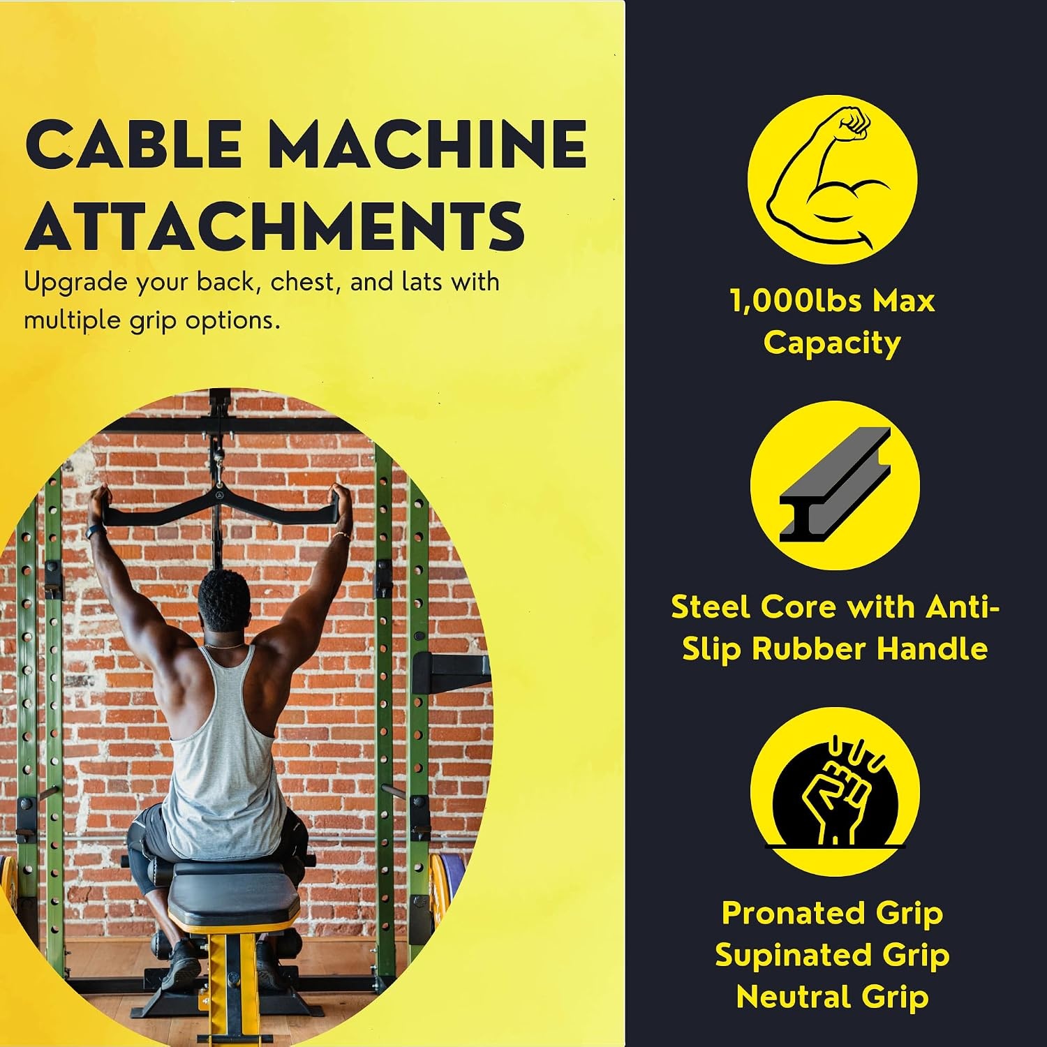 image:imageHULKFIT LAT Pulldown Attachments 5 Piece Cable Machine Handle Set for GymBlack