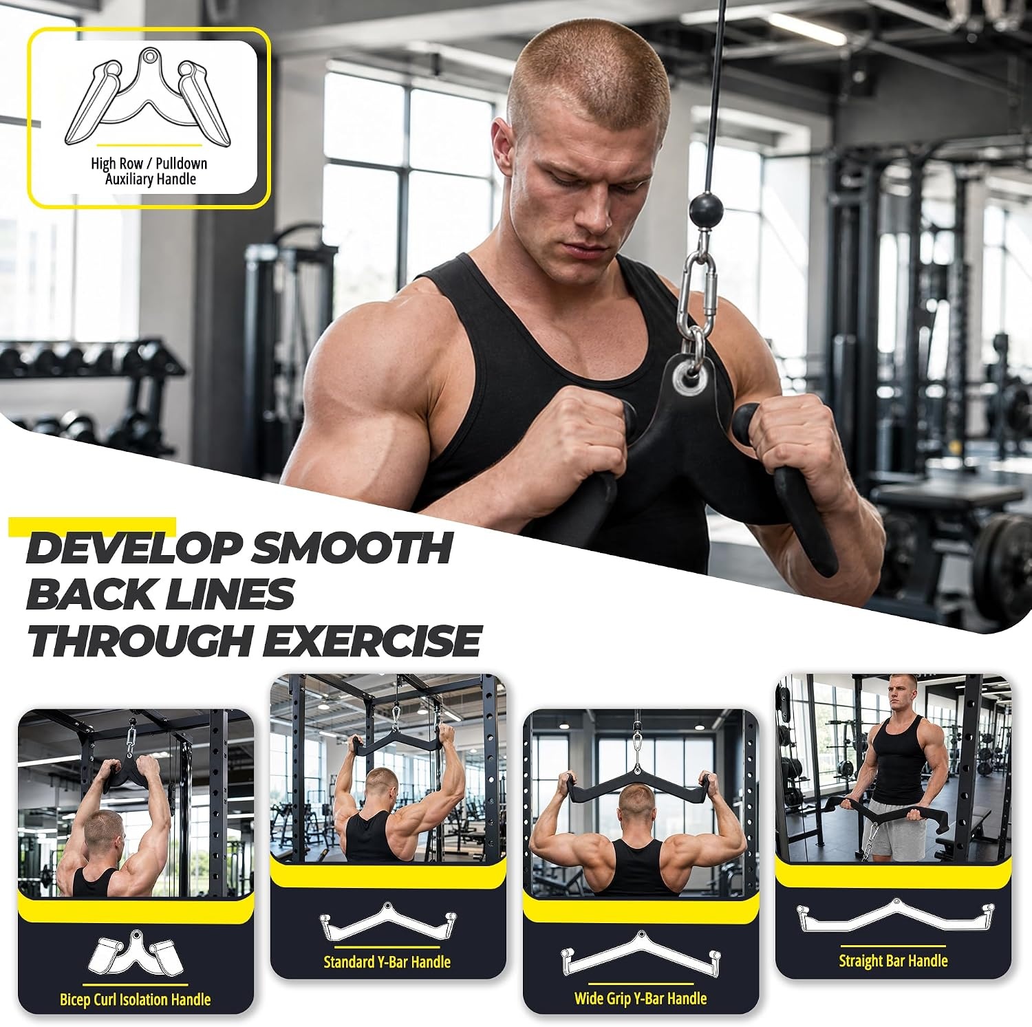 image:imageHULKFIT LAT Pulldown Attachments 5 Piece Cable Machine Handle Set for GymGraphite
