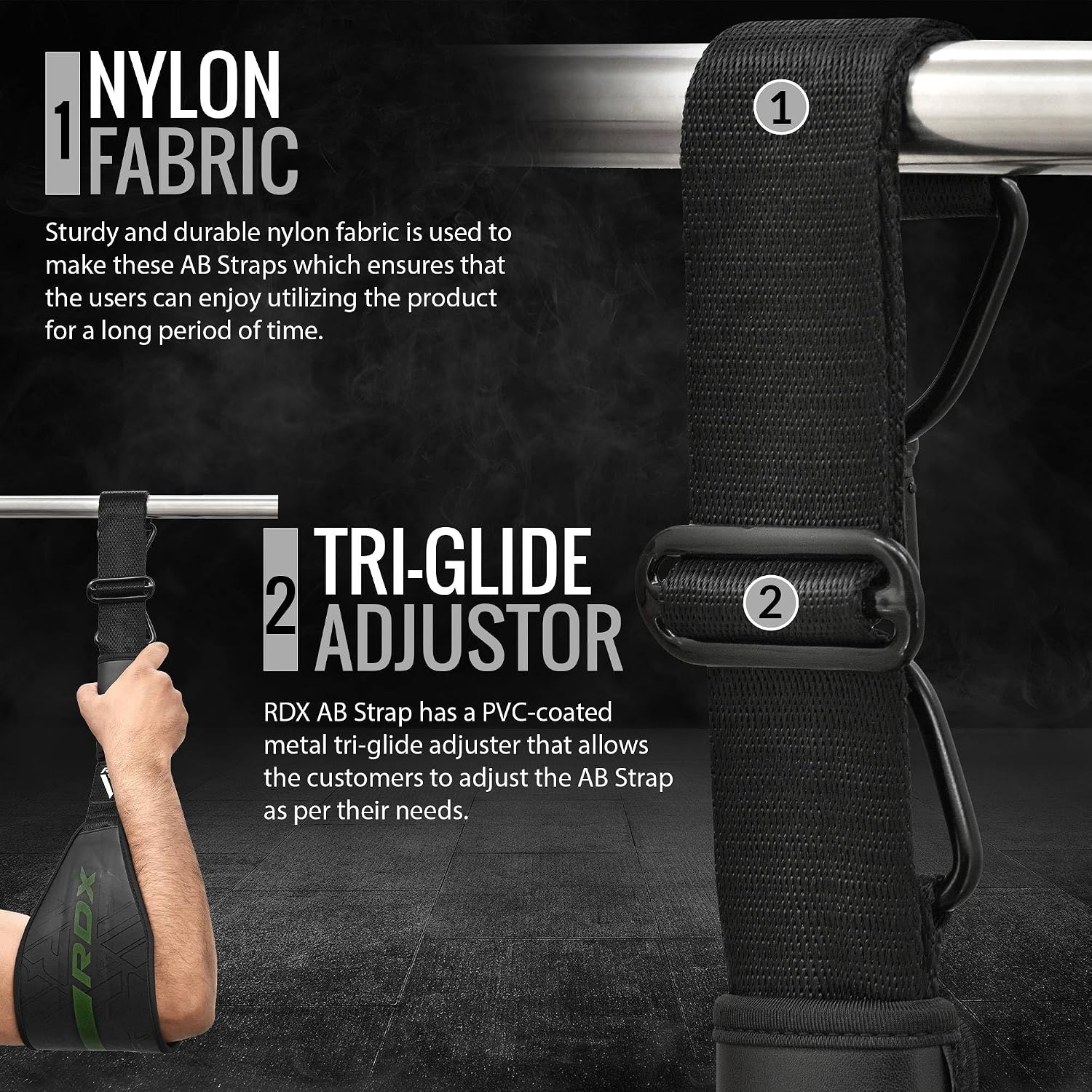 image:imageRDX AB Straps for Pull Up Bar Hanging Pair Maya Hide Leather Abdominal Muscle Building Padded Arm Support Slings with DRing Strap Leg Raise Exercise Fitness Workout Strength Training Men WomenBlack Green