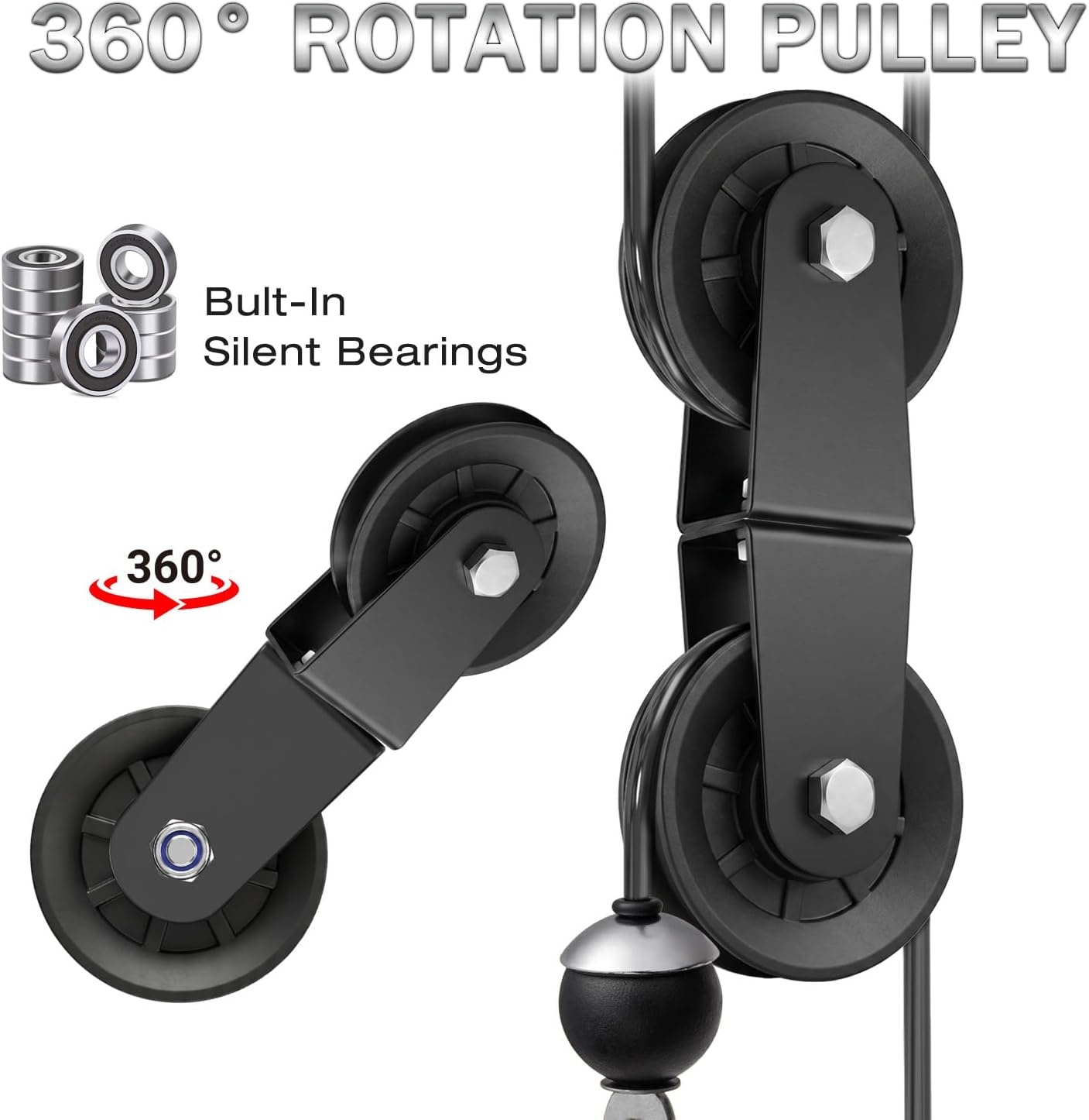 image:imageSwivel Dual Pulleys 360Rotation Roller Reinforced double pulley Wheel for Home DIY Gym Pulley System Cable Machines fly machines Silent Bearing Swivel Groove Wheel Pull Down Attachment Weight LiftingBlack