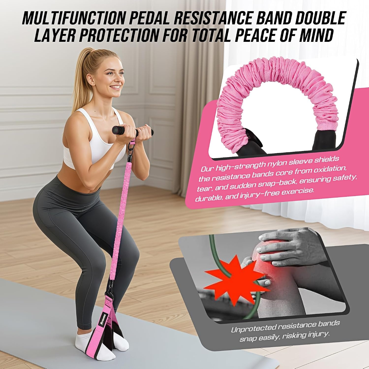 image:imageUpgrade Pedal Resistance Band with Handle Adjustable Tube Foot Pedal Device Puller Exercise Bands for Abs Arm Leg Waist Workout Core Pilates Sit Up Fitness Equipment for Full Body TrainingPink