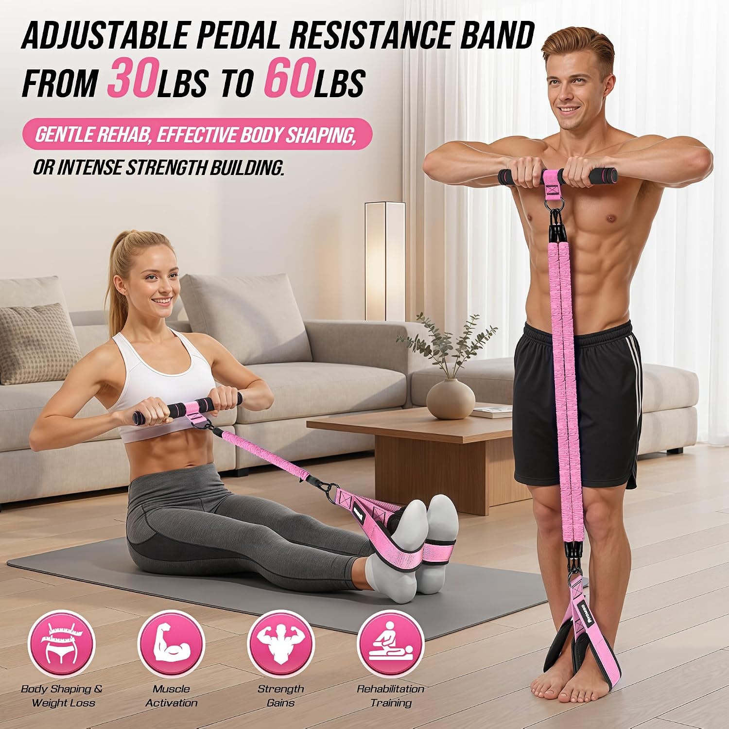 image:imageUpgrade Pedal Resistance Band with Handle Adjustable Tube Foot Pedal Device Puller Exercise Bands for Abs Arm Leg Waist Workout Core Pilates Sit Up Fitness Equipment for Full Body TrainingPink