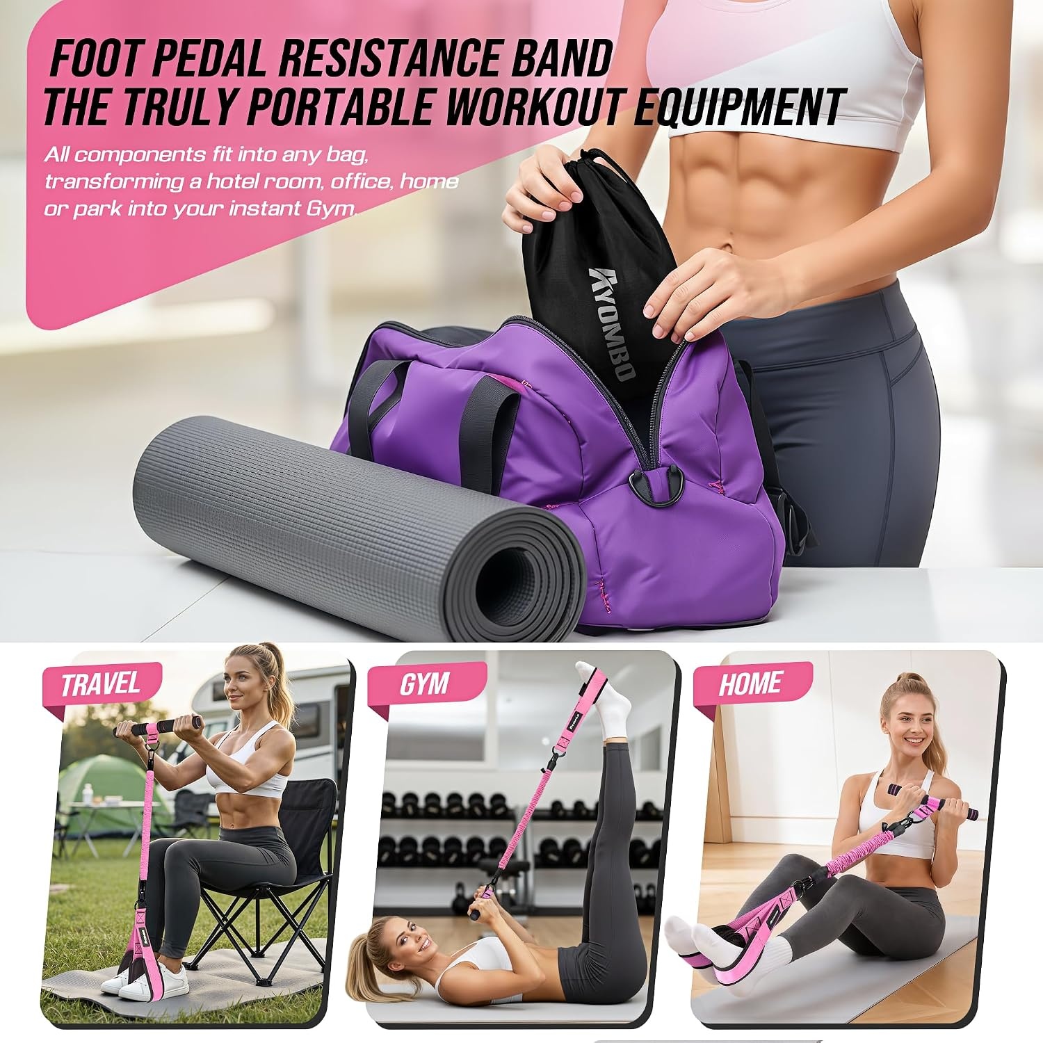 image:imageUpgrade Pedal Resistance Band with Handle Adjustable Tube Foot Pedal Device Puller Exercise Bands for Abs Arm Leg Waist Workout Core Pilates Sit Up Fitness Equipment for Full Body TrainingPink
