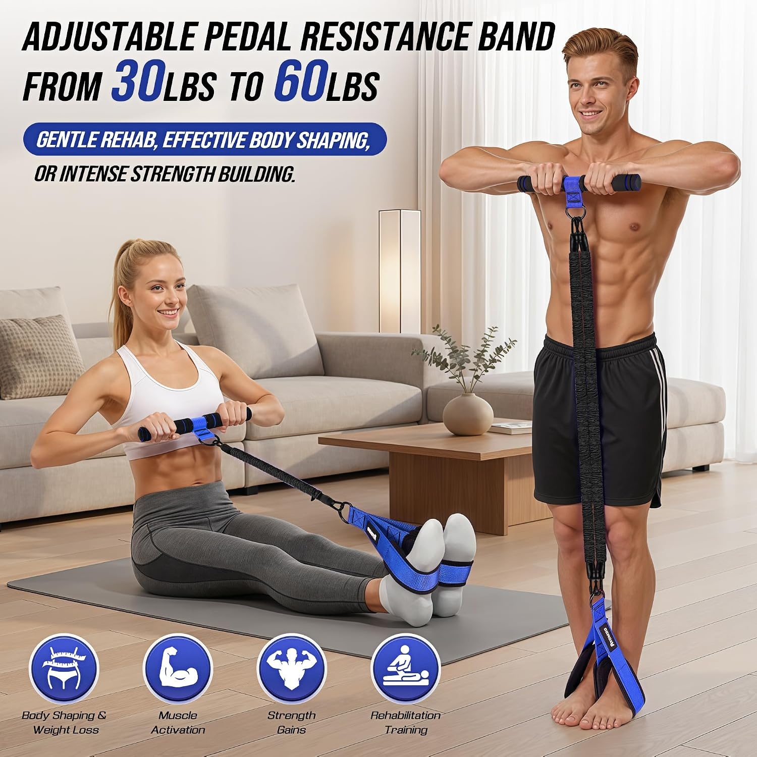 image:imageUpgrade Pedal Resistance Band with Handle Adjustable Tube Foot Pedal Device Puller Exercise Bands for Abs Arm Leg Waist Workout Core Pilates Sit Up Fitness Equipment for Full Body TrainingBlue