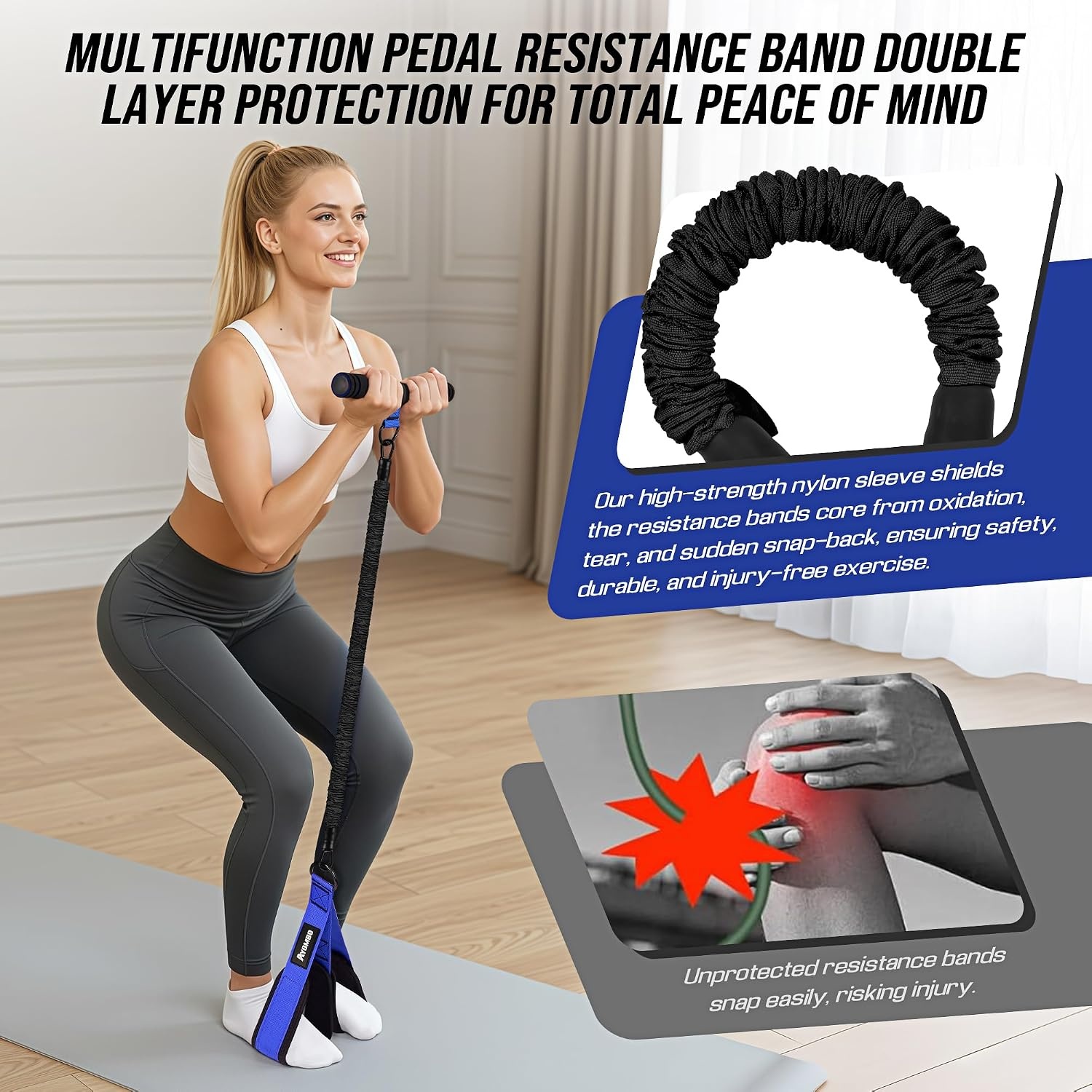 image:imageUpgrade Pedal Resistance Band with Handle Adjustable Tube Foot Pedal Device Puller Exercise Bands for Abs Arm Leg Waist Workout Core Pilates Sit Up Fitness Equipment for Full Body TrainingBlue