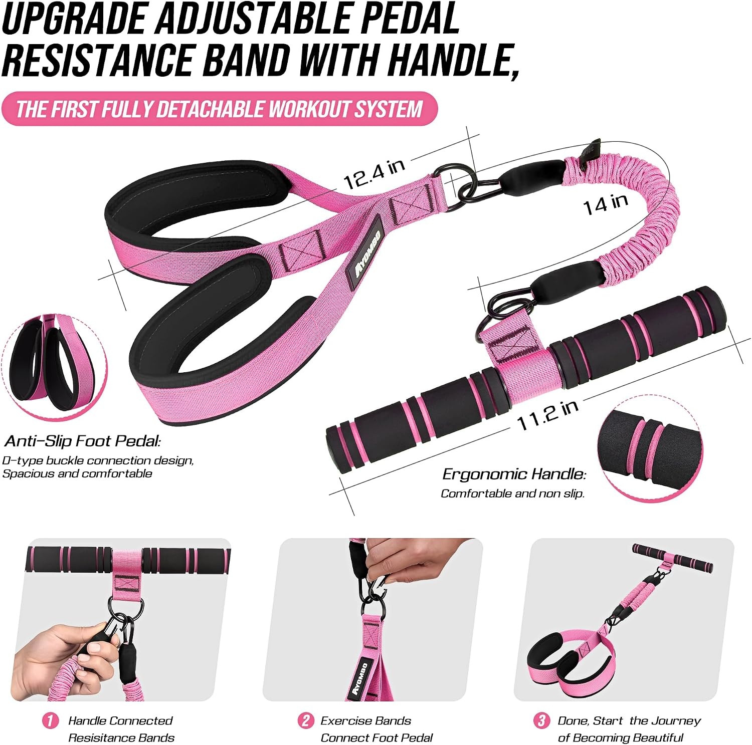 image:imageUpgrade Pedal Resistance Band with Handle Adjustable Tube Foot Pedal Device Puller Exercise Bands for Abs Arm Leg Waist Workout Core Pilates Sit Up Fitness Equipment for Full Body TrainingPink