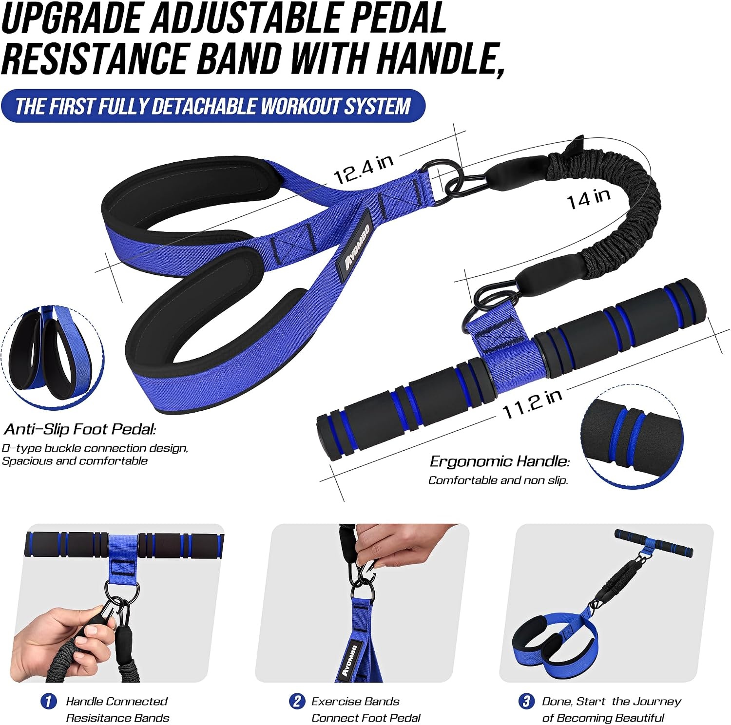 image:imageUpgrade Pedal Resistance Band with Handle Adjustable Tube Foot Pedal Device Puller Exercise Bands for Abs Arm Leg Waist Workout Core Pilates Sit Up Fitness Equipment for Full Body TrainingBlue
