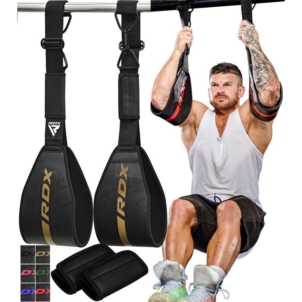 image:imageRDX AB Straps for Pull Up Bar Hanging Pair Maya Hide Leather Abdominal Muscle Building Padded Arm Support Slings with DRing Strap Leg Raise Exercise Fitness Workout Strength Training Men WomenBlack Golden