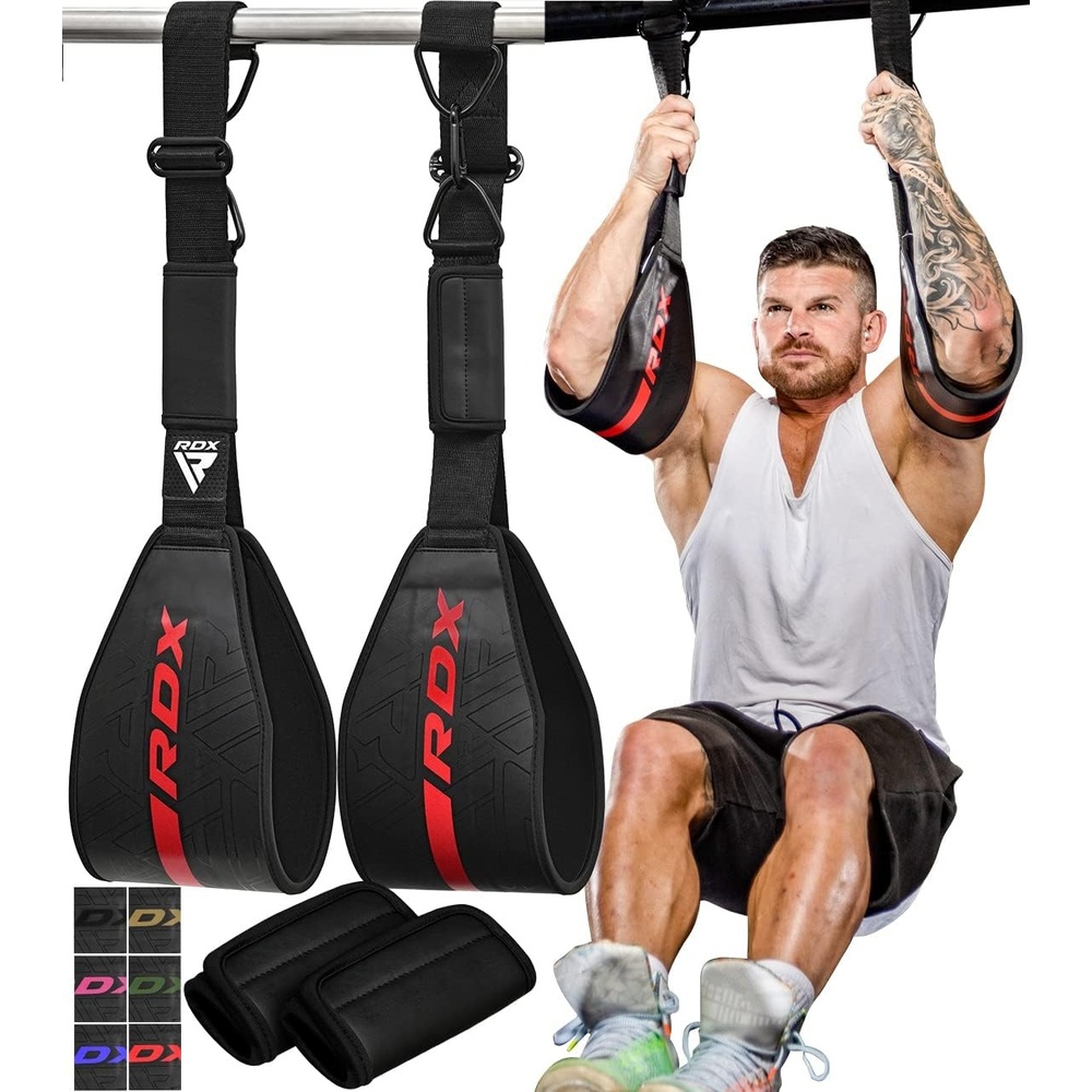 image:imageRDX AB Straps for Pull Up Bar Hanging Pair Maya Hide Leather Abdominal Muscle Building Padded Arm Support Slings with DRing Strap Leg Raise Exercise Fitness Workout Strength Training Men WomenBlack Red