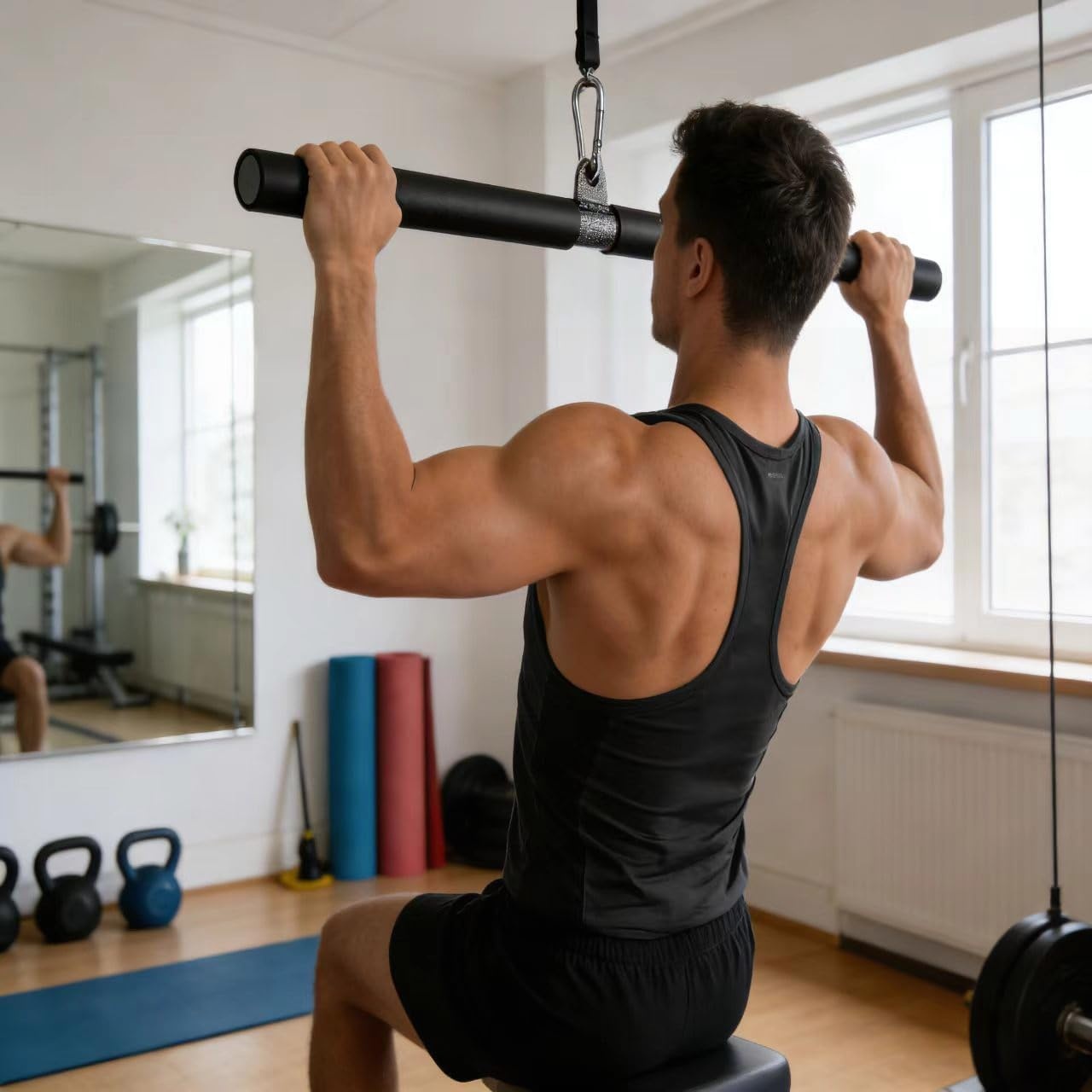 image:imageDIY Straight Bar Bicep Pull Bar with Soft Hand Grips Weight Machine Accessories Straight Bar for Home Gym Workout with Buckle