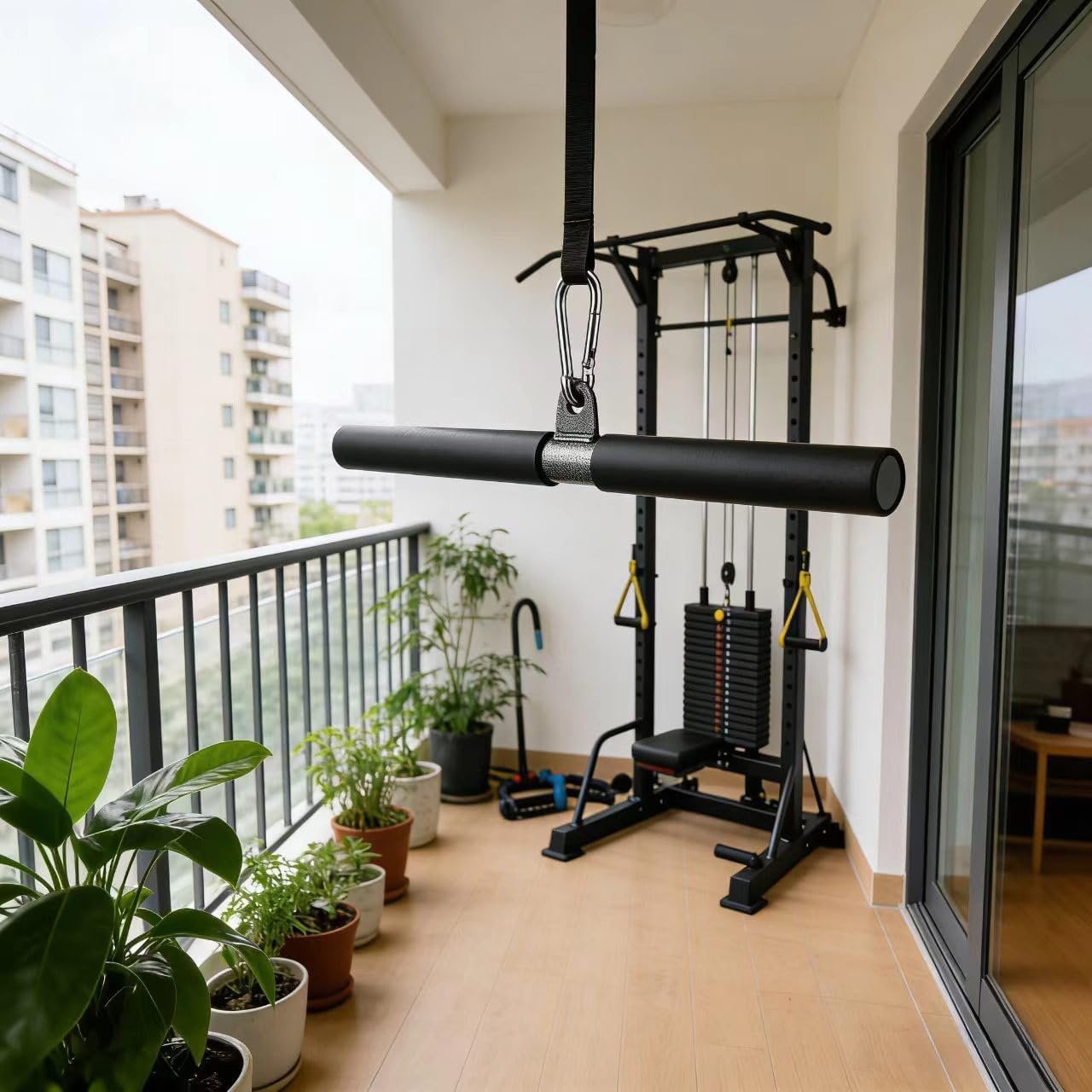 image:imageDIY Straight Bar Bicep Pull Bar with Soft Hand Grips Weight Machine Accessories Straight Bar for Home Gym Workout with Buckle