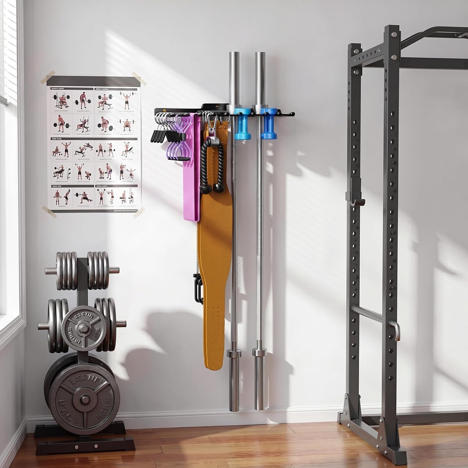image:imageWallMounted Home Gym Equipment Storage Rack for Resistance Bands Barbell Bars Cable Attachments Lifting Belts Jump Ropes and ChainsLarge