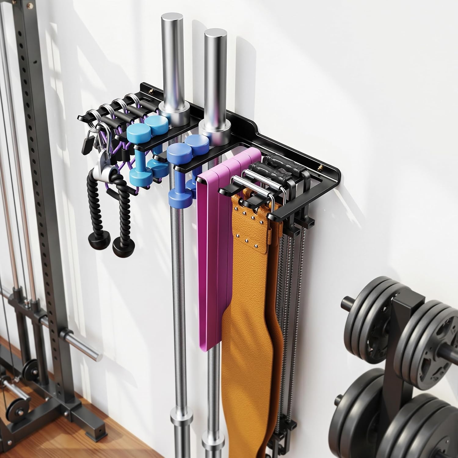 image:imageWallMounted Home Gym Equipment Storage Rack for Resistance Bands Barbell Bars Cable Attachments Lifting Belts Jump Ropes and ChainsLarge