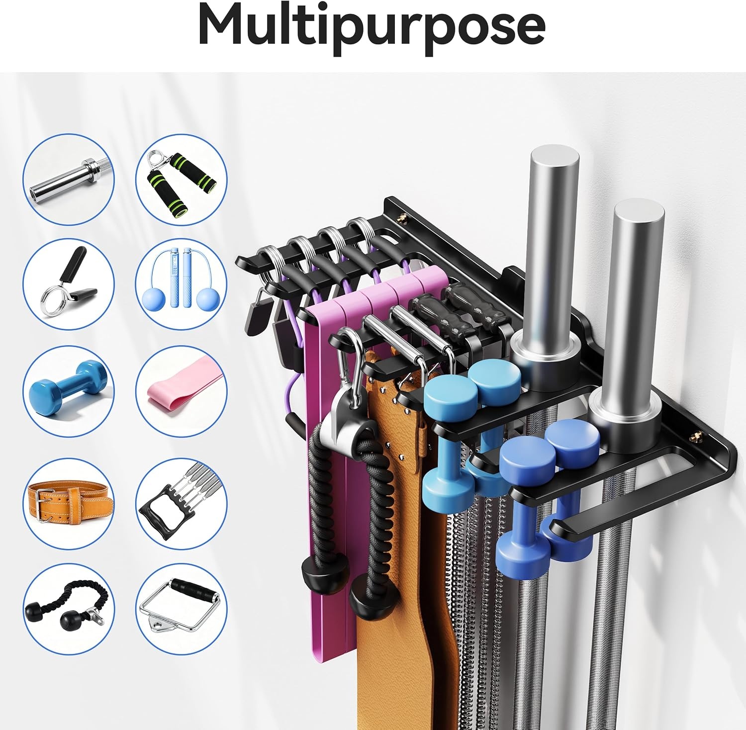 image:imageWallMounted Home Gym Equipment Storage Rack for Resistance Bands Barbell Bars Cable Attachments Lifting Belts Jump Ropes and ChainsLarge