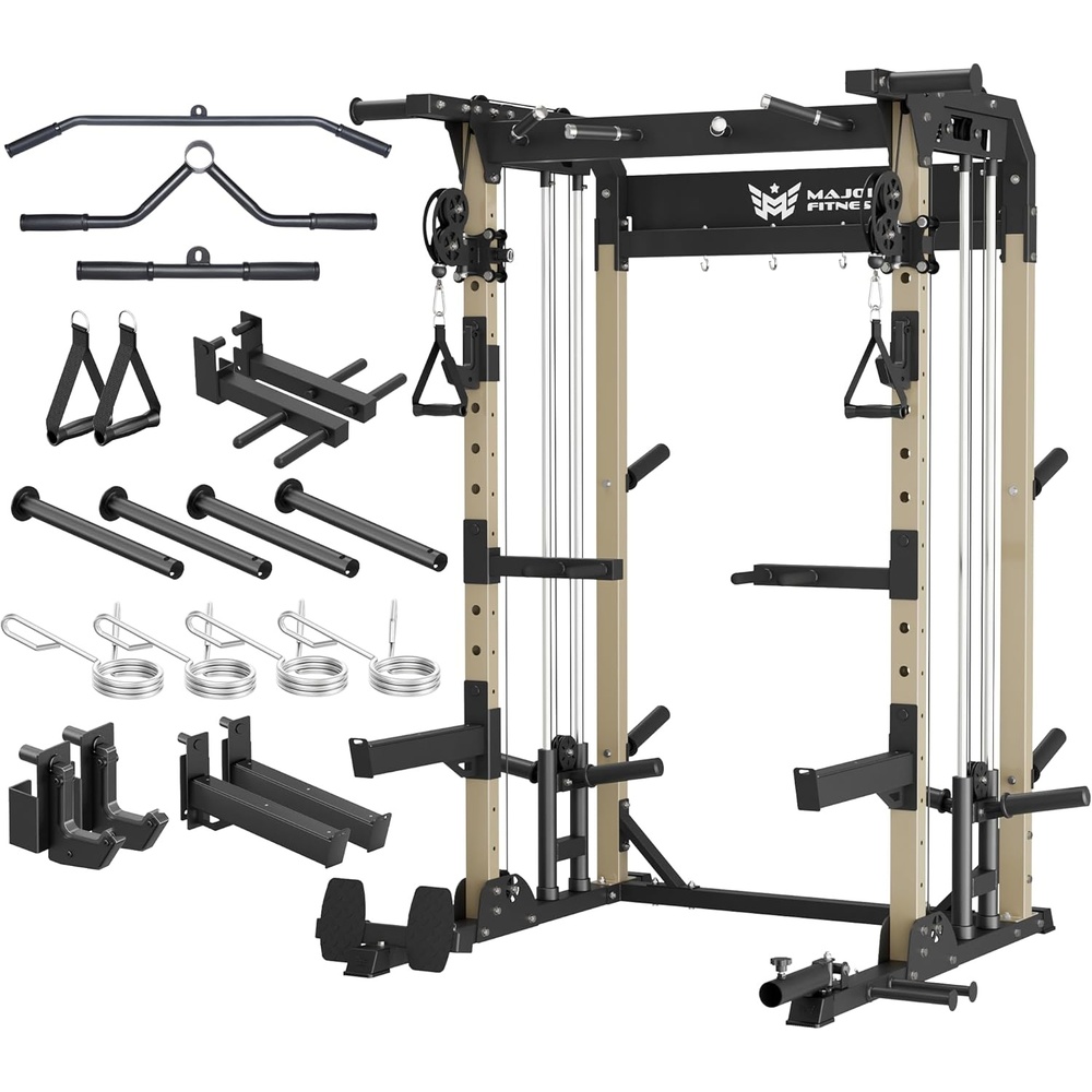 image:imageMAJOR FITNESS F22 Power Rack 1600lbs AllinOne Squat Rack with Dual Pulley System HeavyDuty Steel Frame Attachments amp Storage for Home Gym Strength TrainingKhaki
