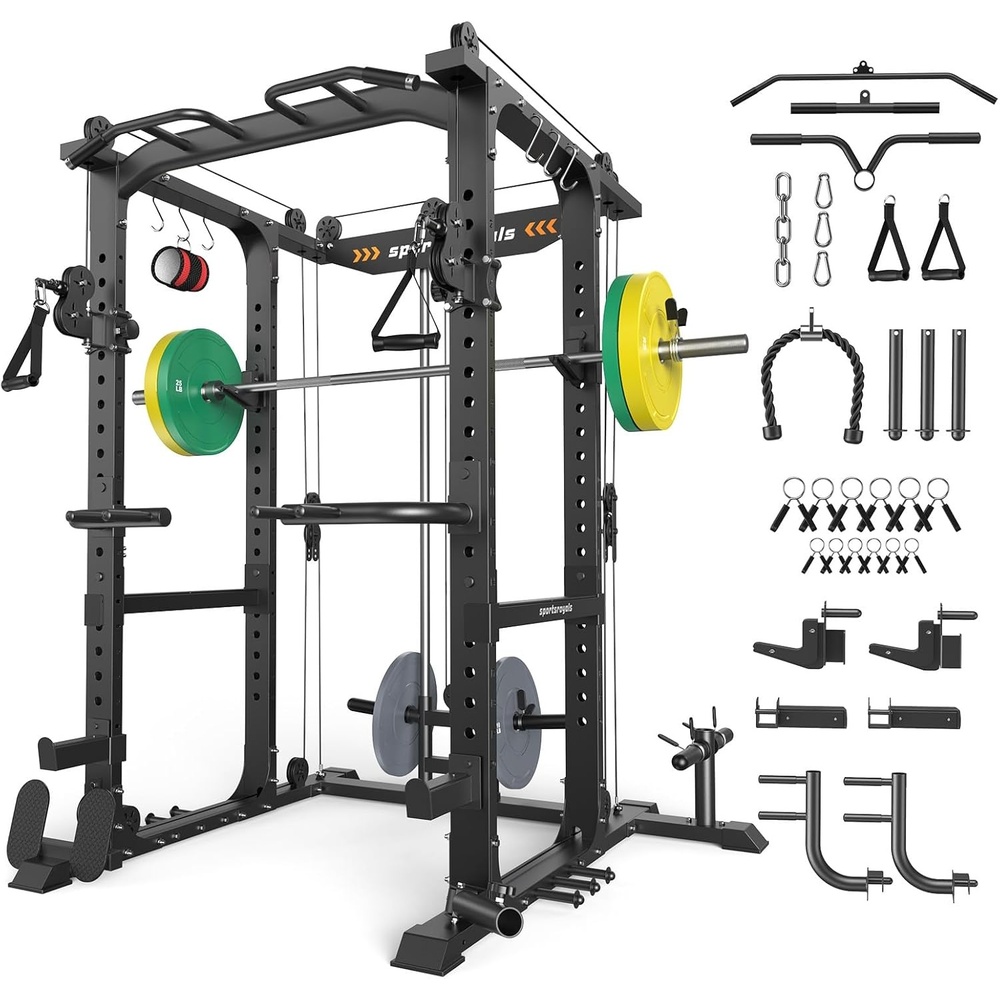 image:imageSPORTSROYALS Power Rack MultiFunctional Power Cage Squat Rack with Pulley System amp LAT Pull Down Workout Cage with J Hooks for Home GymBlack