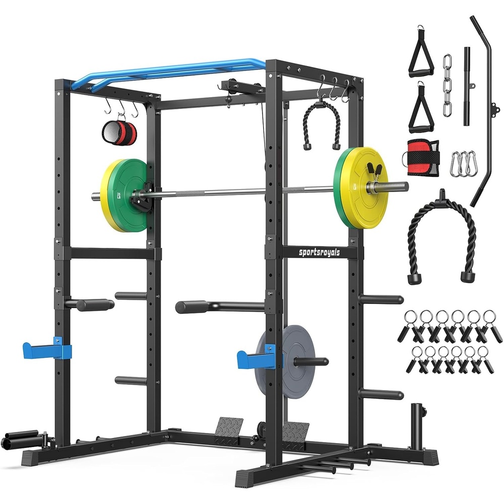 image:imageSPORTSROYALS Power Rack MultiFunctional Power Cage Squat Rack with Pulley System amp LAT Pull Down Workout Cage with J Hooks for Home GymBlue