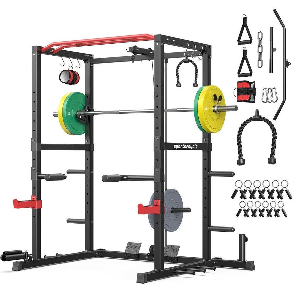 image:imageSPORTSROYALS Power Rack MultiFunctional Power Cage Squat Rack with Pulley System amp LAT Pull Down Workout Cage with J Hooks for Home GymRed