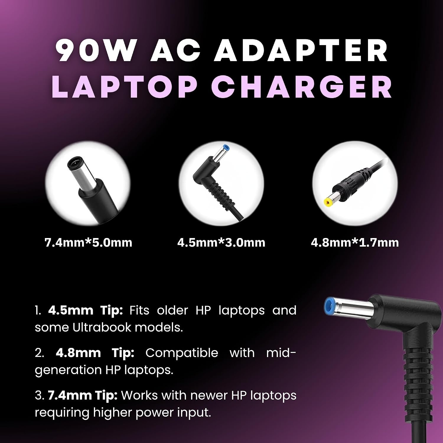 image:image90W Charger Compatible with HP Laptop Charger Blue Yellow and Black Tips Pavilion x360 11 13 15 Envy Zbook 14u G4 G5 15u 15 G3 Notebook 15 Stream 13 11 14 AC Adapter with Power Cord