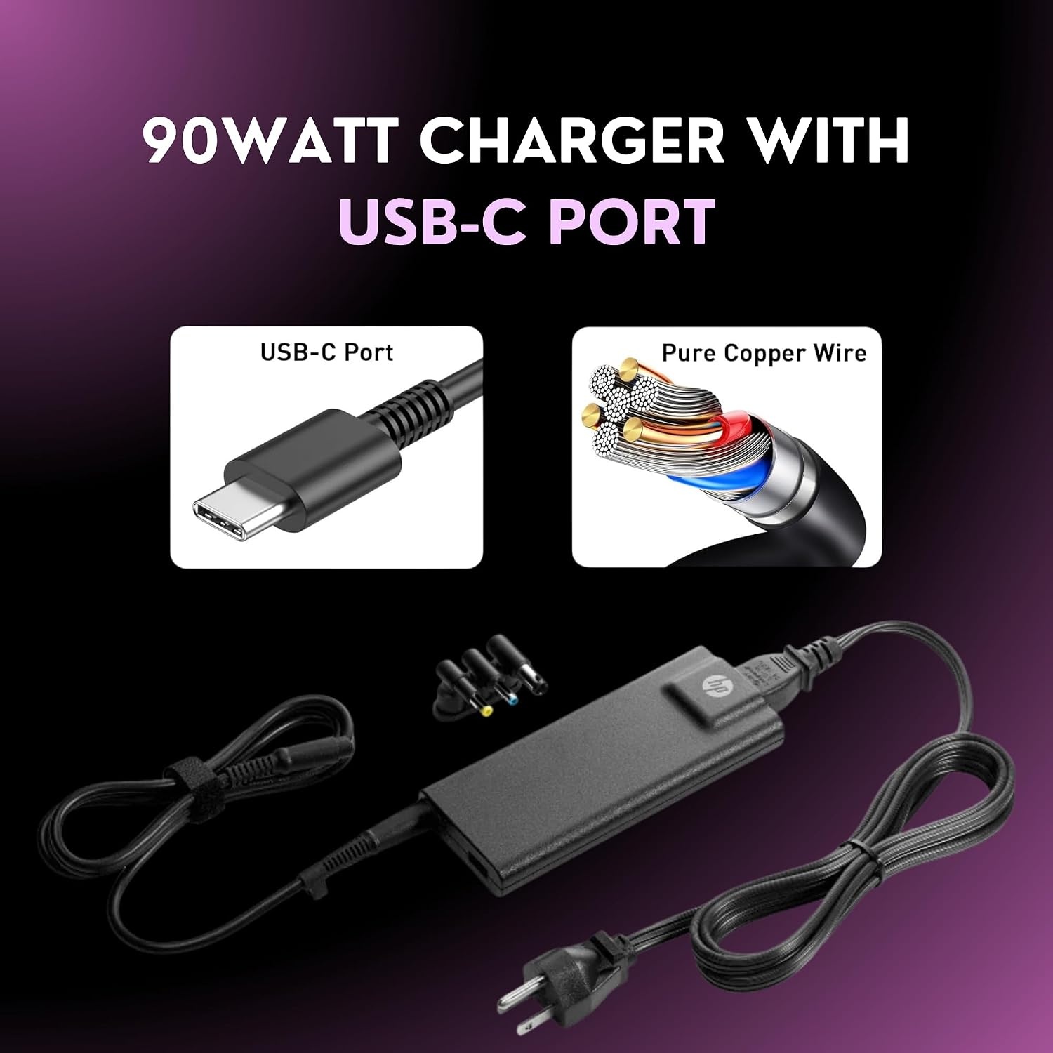 image:image90W Charger Compatible with HP Laptop Charger Blue Yellow and Black Tips Pavilion x360 11 13 15 Envy Zbook 14u G4 G5 15u 15 G3 Notebook 15 Stream 13 11 14 AC Adapter with Power Cord