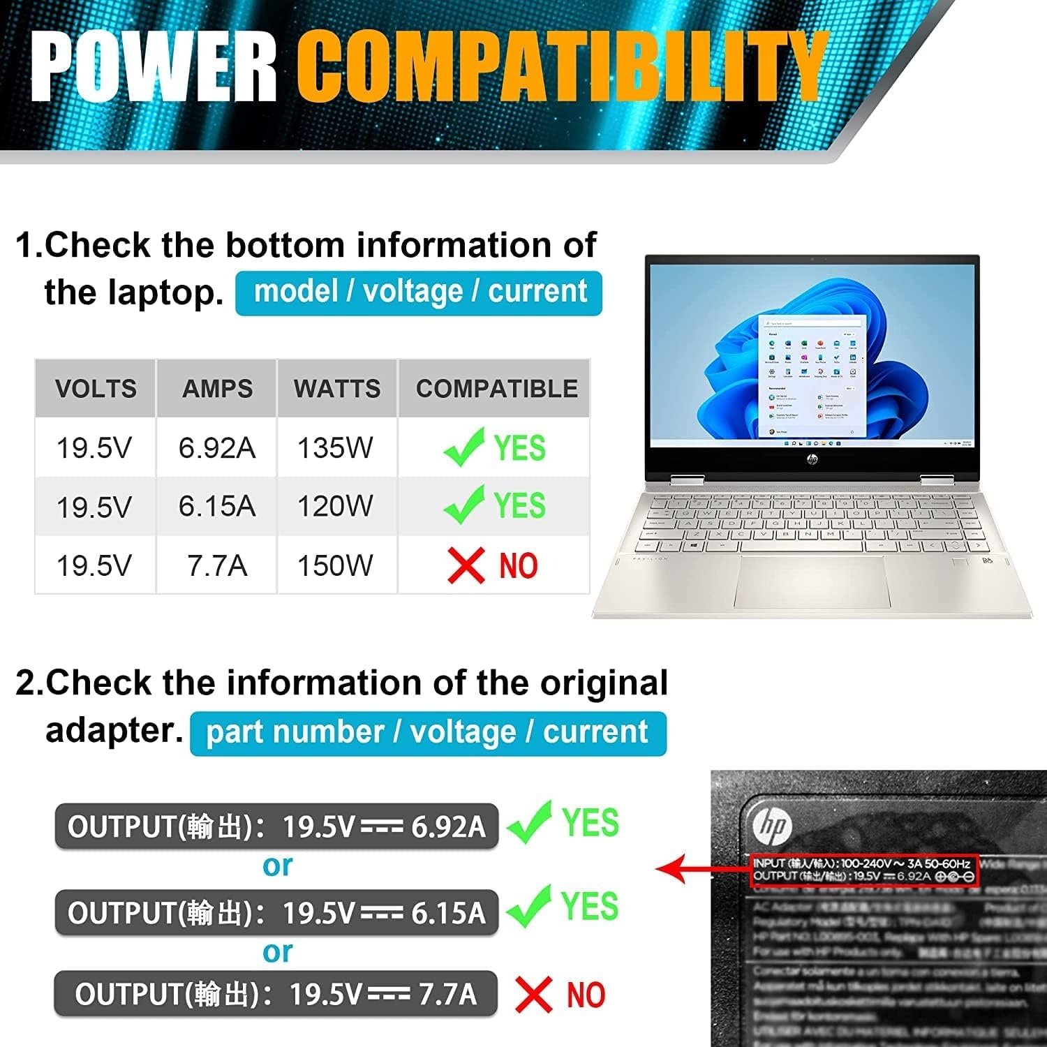 image:imageNew 135W Laptop Charger Compatible with HP Spectre x360 15tdf100 CTOHP Pavilion Gaming 15 17 ec0013dx 15ec0751ms L15534001 TPNDA11 TPNCA13 OMEN AC Adapter Power Supply Cord 45 30mm