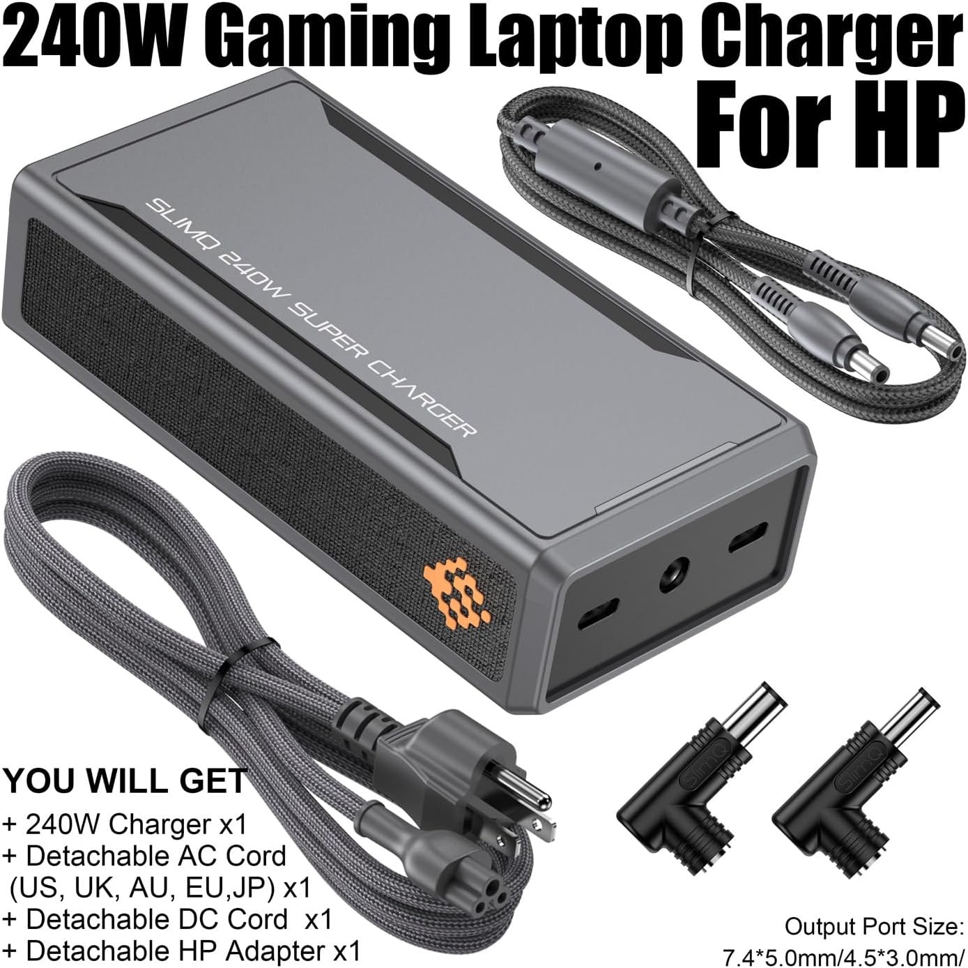 image:imageSlimQ 240W GaN Charger Bundle for HP Omen and Victus Gaming Laptops Includes F240 DC Charger and HP Adapter Tip Compact Replacement Power Adapter with 2 USBC Ports for Travel and Office