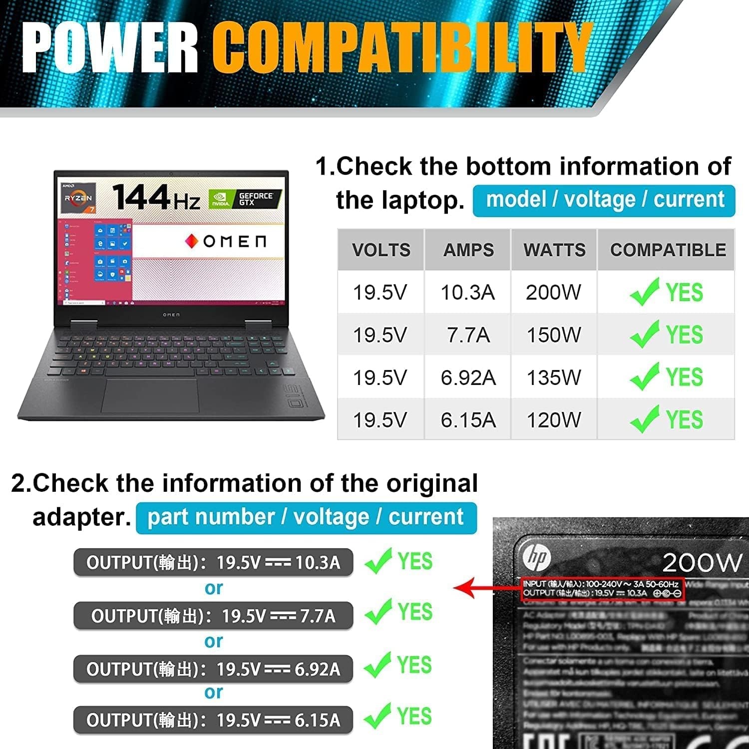 image:image200W AC Adapter Laptop Charger Compatible with HP Omen Pavilion 15 16 17 15t 17t Gaming LaptopZBook 15 15u Fury Studio Power G3 G4 G5 G6 G7 G8 Mobile Workstation Slim Charger